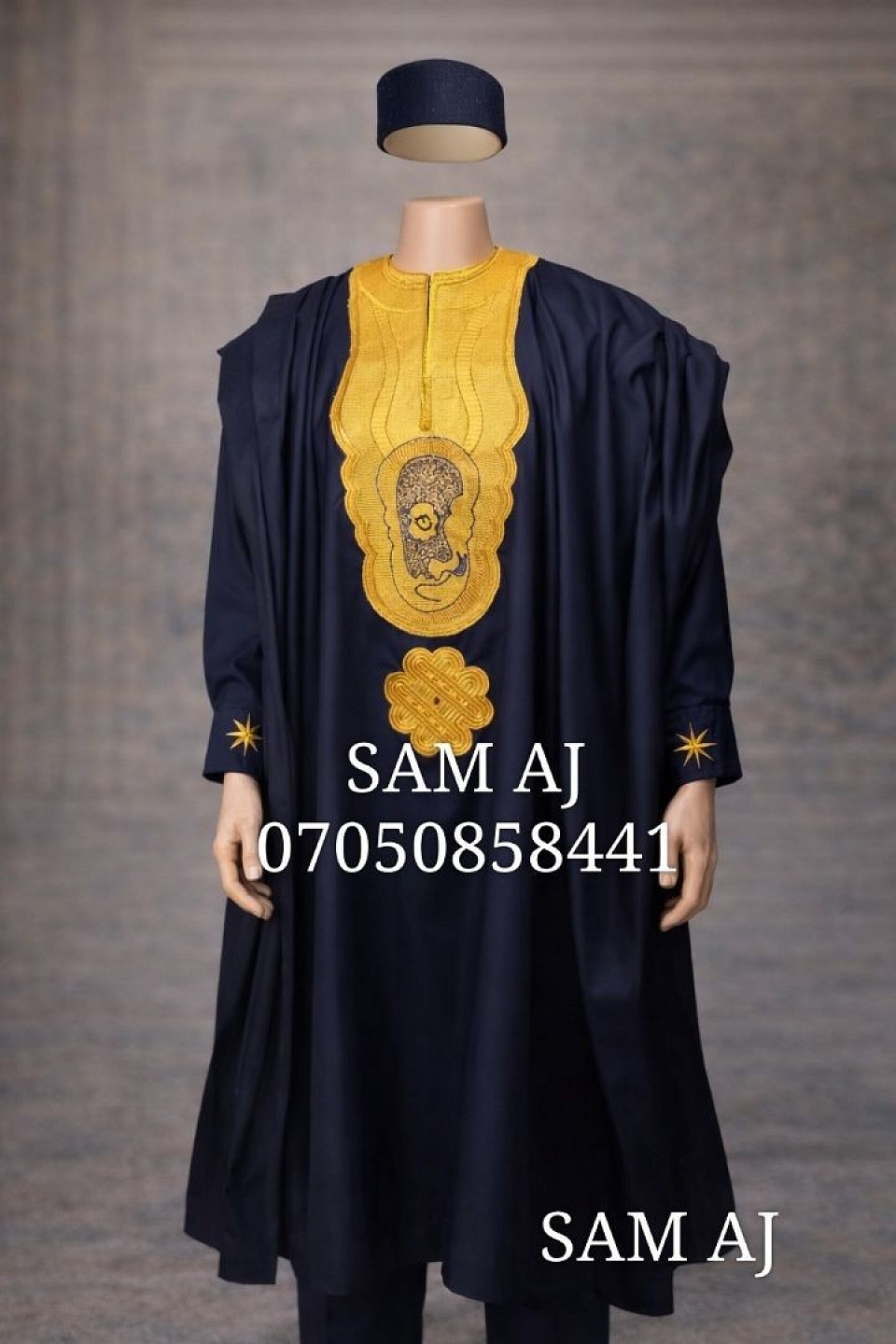 Navy blue agbada with gold embroidery